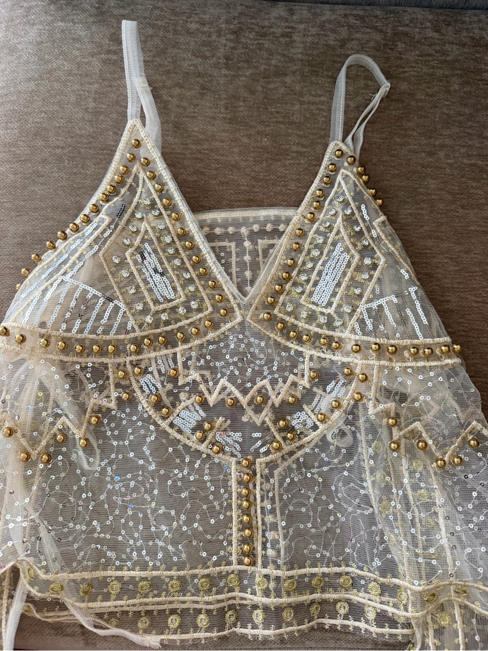 Gold-Embellished Ivory Beaded Cami Top - Picture 2 of 5